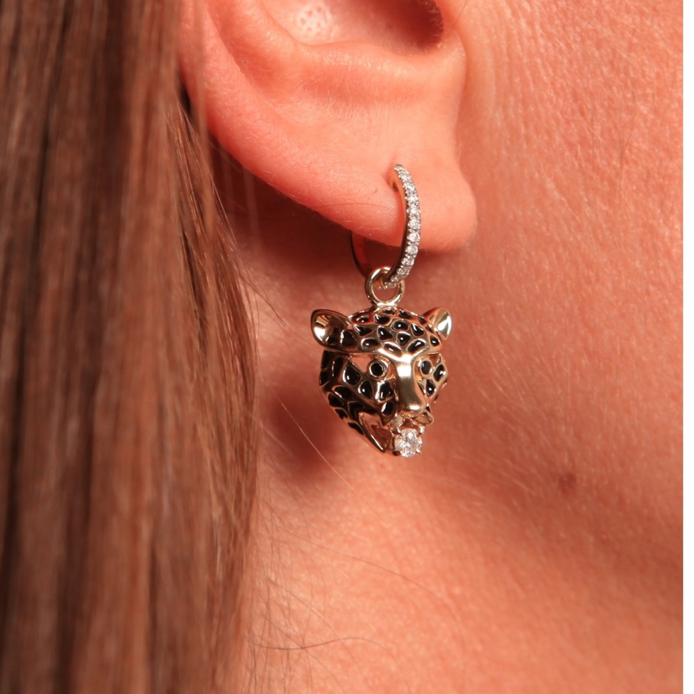 Yvonne Leon Paris 9K Gold, Diamond and Enamel Mismatched Leopard Hoop Earrings